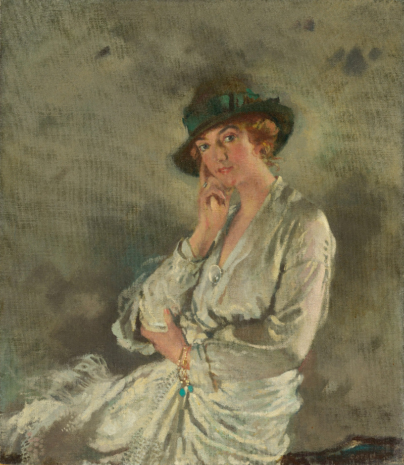 A painted portrait of a seated woman in a pale white dress and dark green hat against a muted gray-green background.