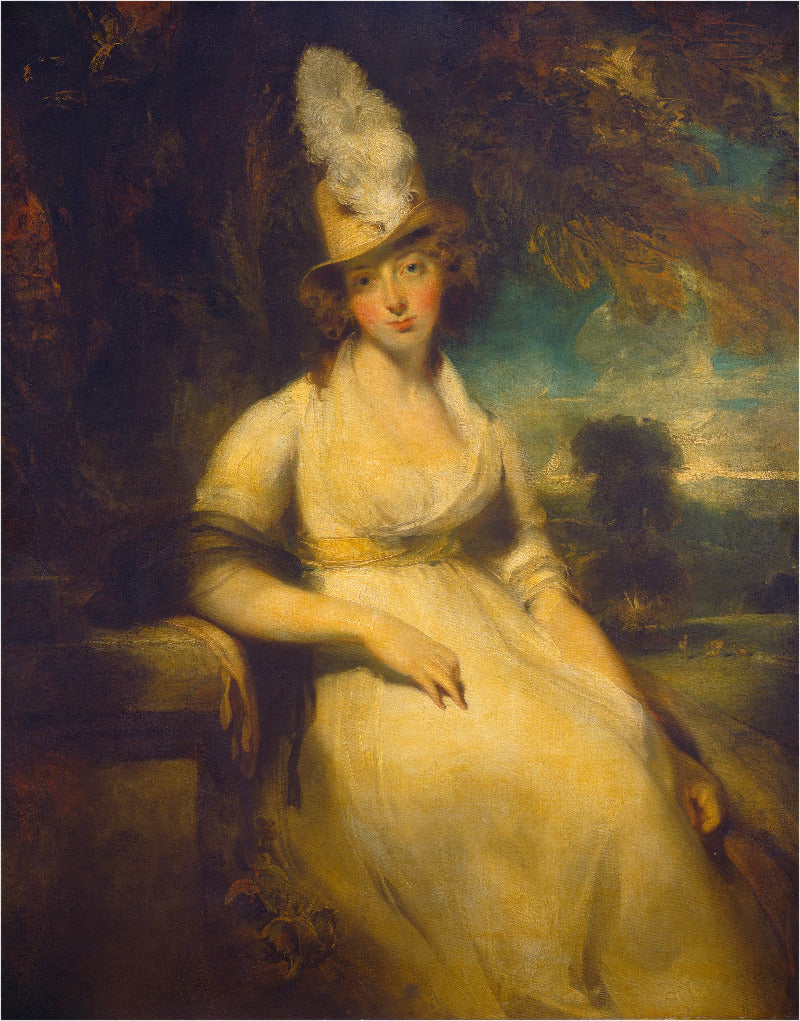A classical oil painting portrait of a woman in a pale yellow dress and feathered hat, seated against a dark, atmospheric background with trees and sky.