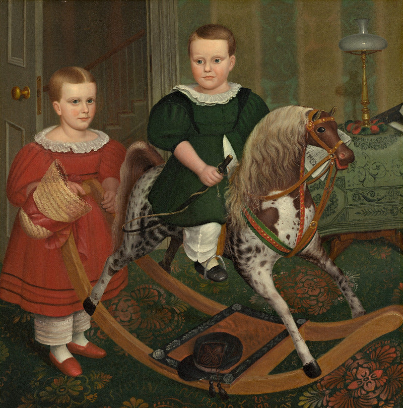 A historical oil painting depicting two young boys in an indoor room. One boy in a red dress stands holding a straw hat, while the other in a dark green dress sits on a spotted rocking horse.