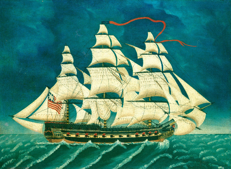 A painted scene of a large historical sailing ship with white sails navigating choppy blue-green ocean waves under a dark teal sky. The ship has multiple masts, white canvas sails, a dark hull, and an American flag near the mast.
