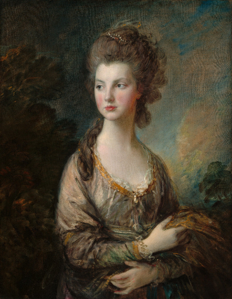 Portrait of a woman with a classical hairstyle and attire, set against a natural landscape.