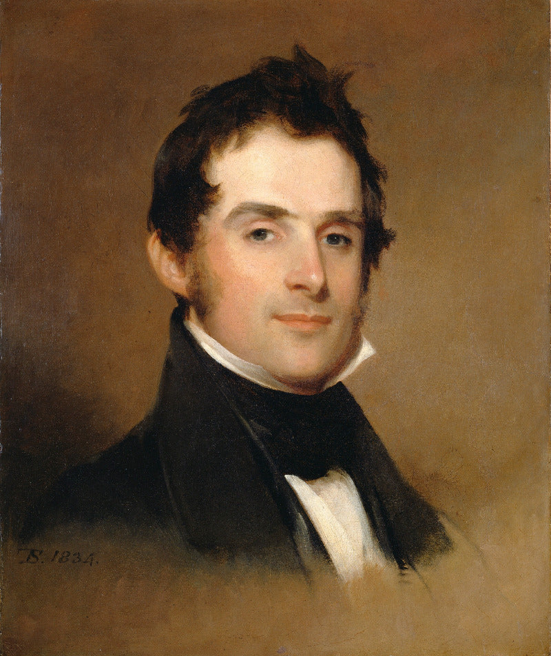 A classical portrait painting of a man in a dark formal coat and white cravat against a warm brown background.