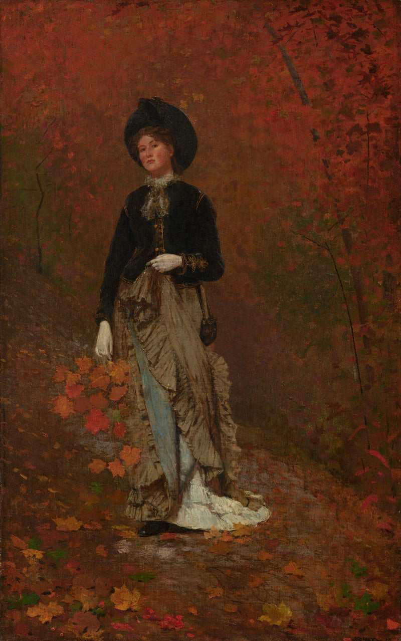 A vintage oil painting of a woman in a dark dress and black hat standing in an autumn forest path with red and orange leaves.