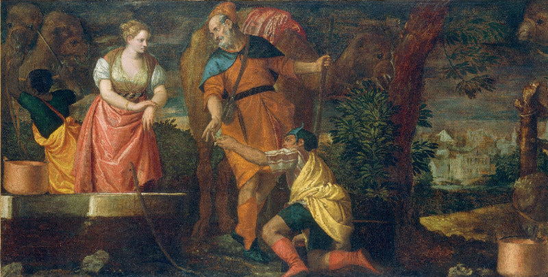 A classical oil painting depicting a biblical or mythological outdoor scene with three human figures around a well or pool, rendered in warm earth tones with red, orange, yellow, green, and brown palette.