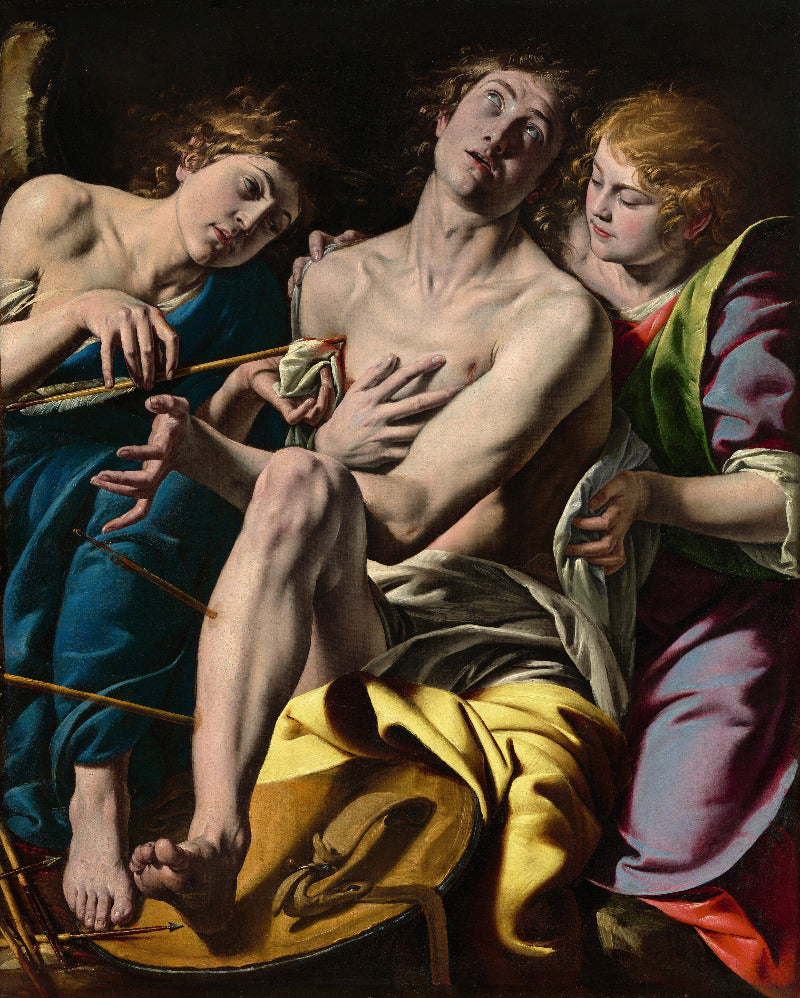 Artistic depiction of a scene with three figures, one of whom is bound and another holding a spear.