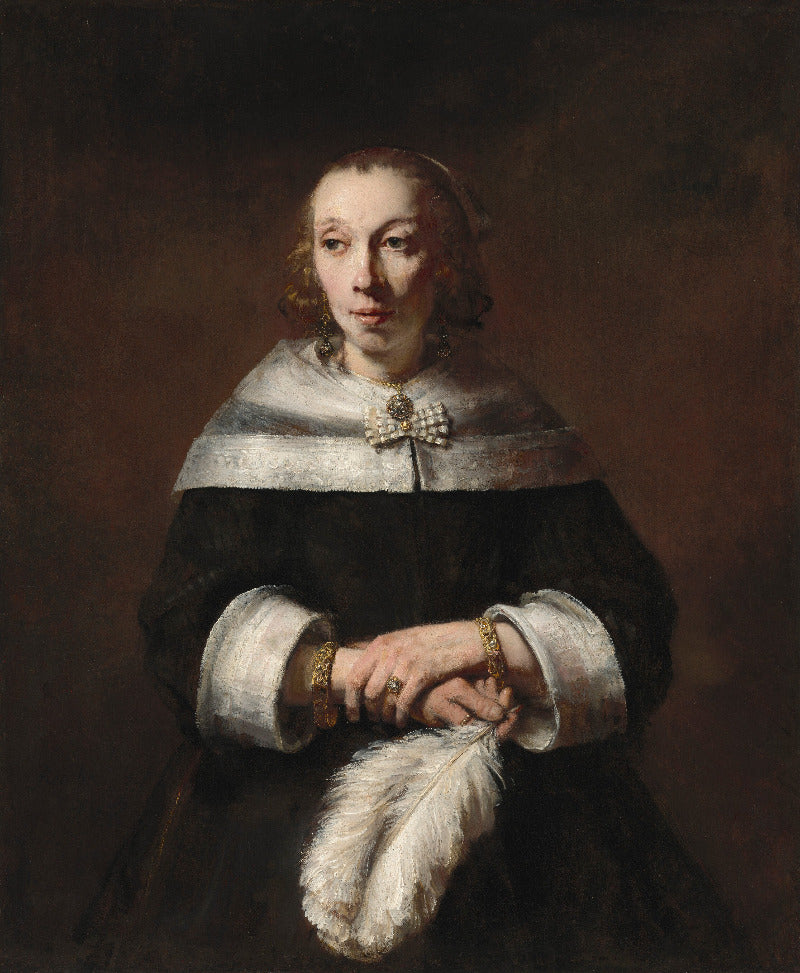 A classical oil painting portrait of a woman in a dark dress with a wide white collar and a feather held in her hands, set against a dark brown background.