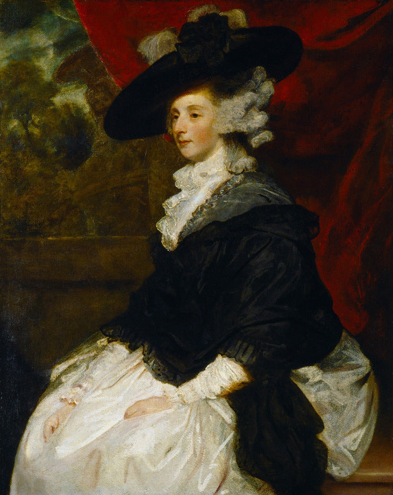 A classic oil painting portrait of a woman in a 19th-century style, wearing a large black hat with white feathers, a black dress with a white ruffled collar and skirt, and white gloves, set against a dark background with a red curtain.