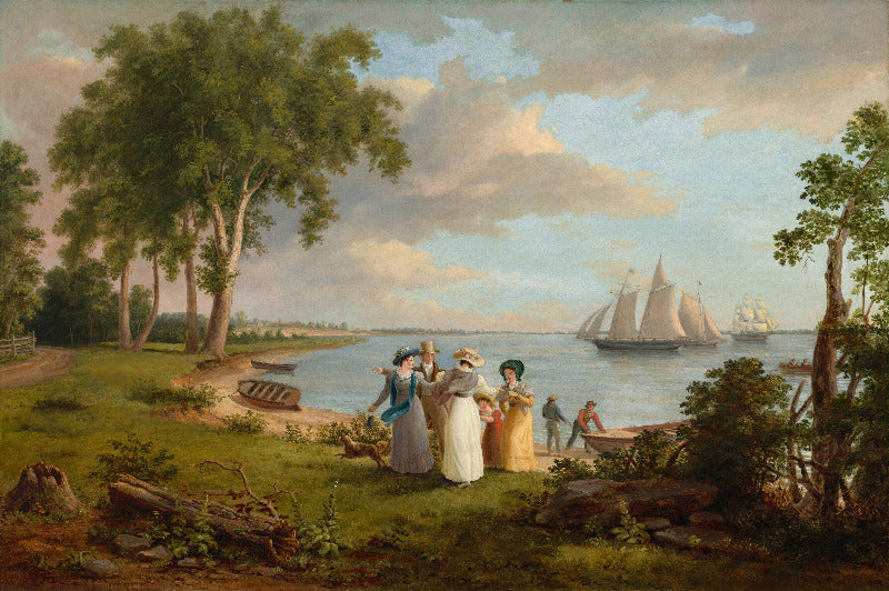 An oil painting of a 19th-century lakeside scene with several women in long dresses standing near a small boat on the shore, with trees, water, and sailing ships under a cloudy sky.