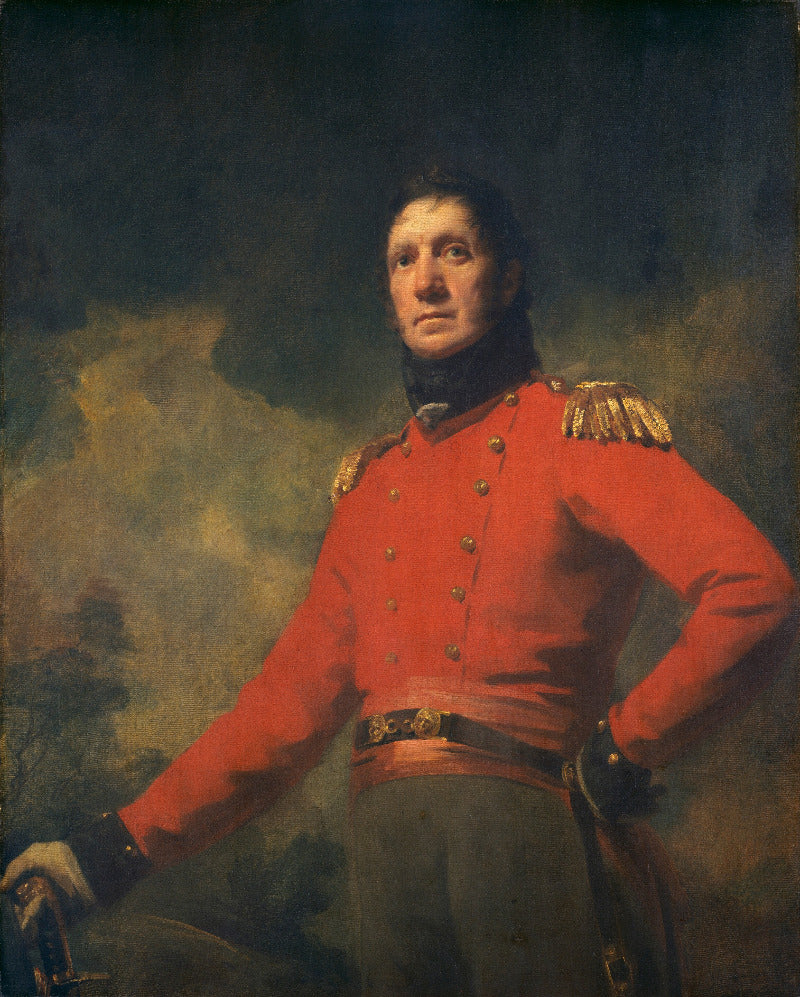 A painted portrait of a man in a bright red military uniform with gold epaulettes, dark trousers, and a dark background with cloudy brushwork.