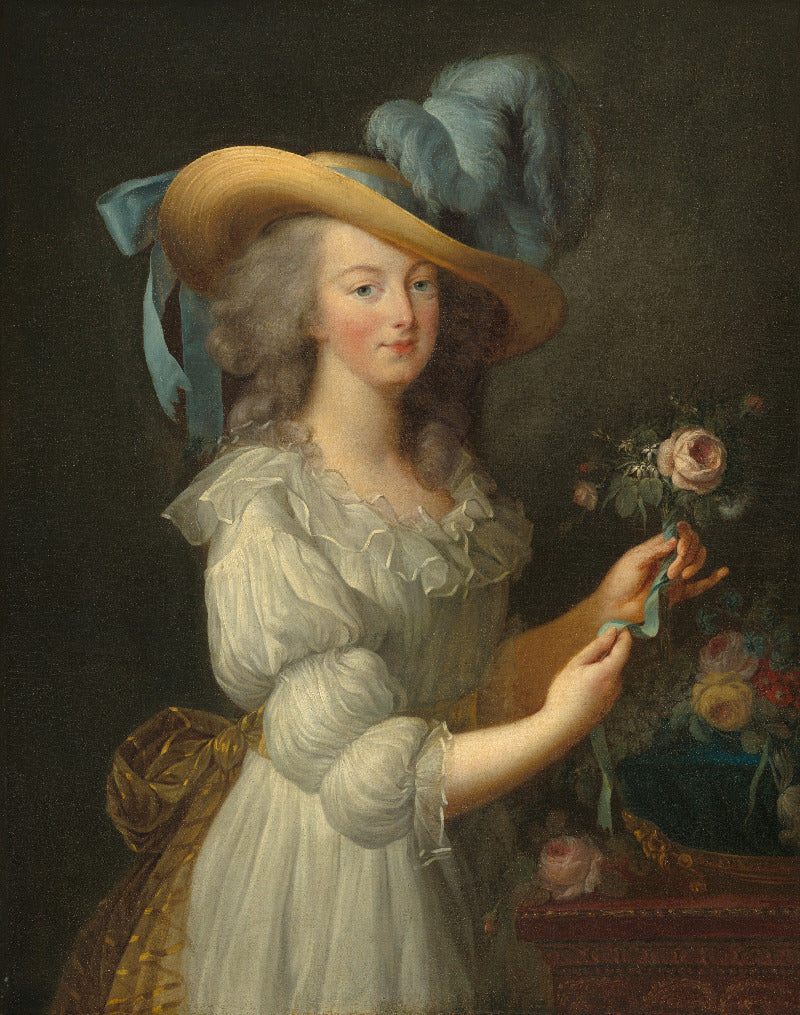 A classical portrait painting of a woman in a white ruffled dress and large straw hat with blue feathers and ribbon, holding flowers against a dark background.