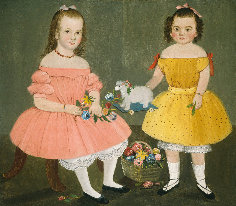 A historical-style painting of two young girls posed against a dark olive-green background. The girl on the left wears an off-the-shoulder pink dress and holds flowers, while the girl on the right wears a yellow polka-dot dress and stands beside a basket of flowers and a small white lamb.