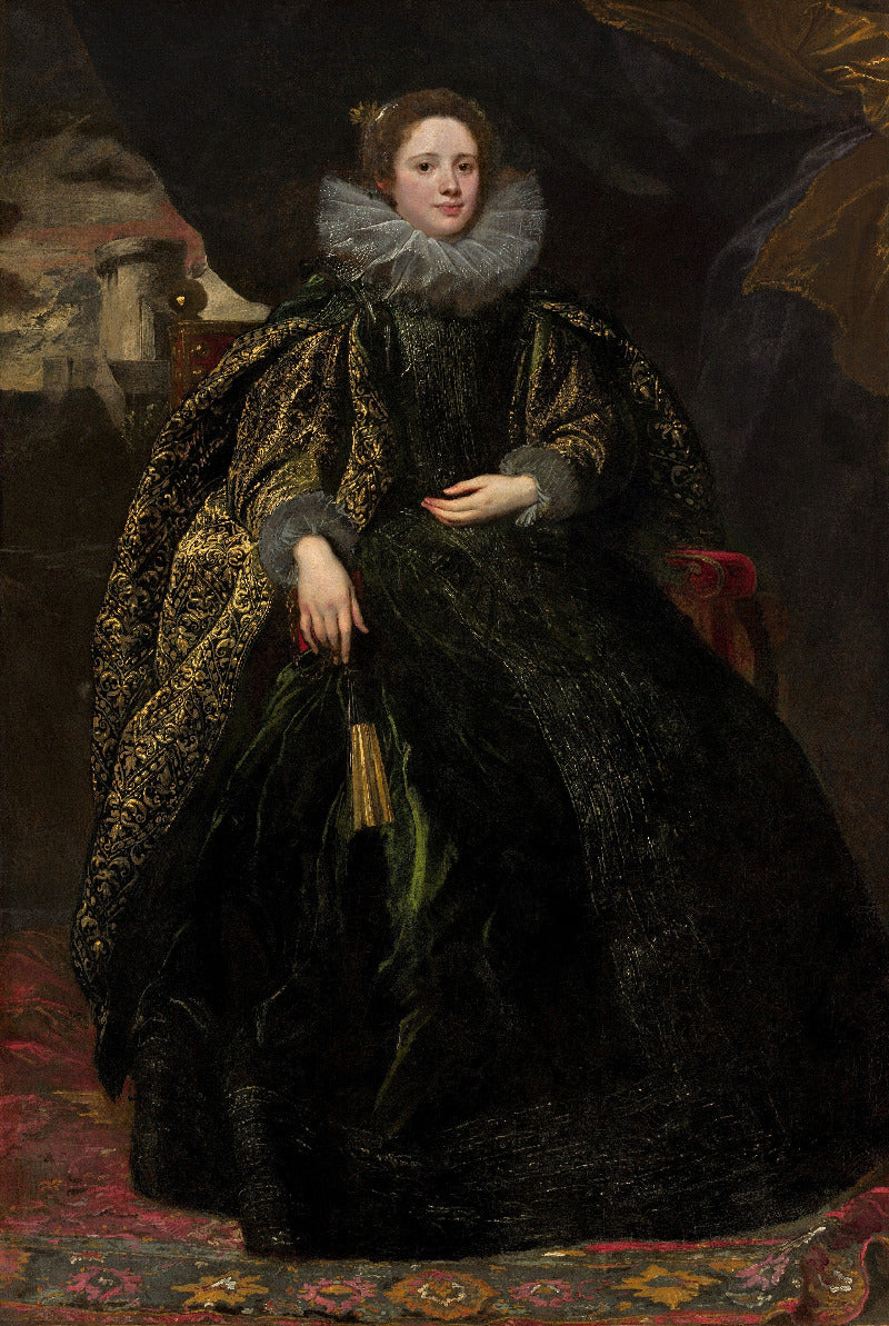 A classical portrait painting of a woman seated in an ornate dark gown with a large white ruff collar and a black-and-gold patterned cloak, set against a dark painted background with a patterned rug visible at the bottom.
