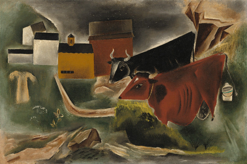 A stylized cubist landscape painting featuring a red cow in the foreground, a black-and-white bull, farm buildings, and a dark cloudy sky in muted green, brown, gray, and yellow tones.