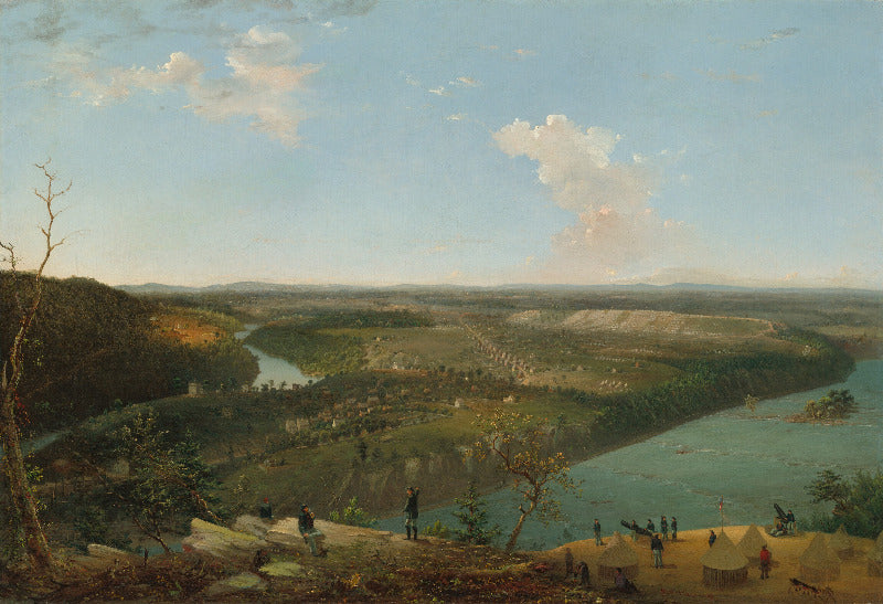 An oil painting of a broad river valley landscape with winding blue water, green hills, distant mountains, and a pale sky with scattered clouds. Small figures and tents appear along the riverbank in the foreground.