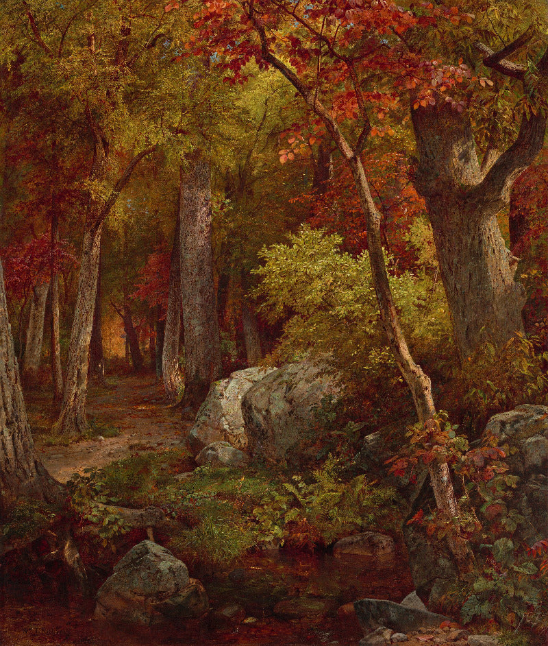 An oil painting of a dense autumn forest with a winding path, large rocks, and trees displaying vibrant red, orange, and yellow foliage.