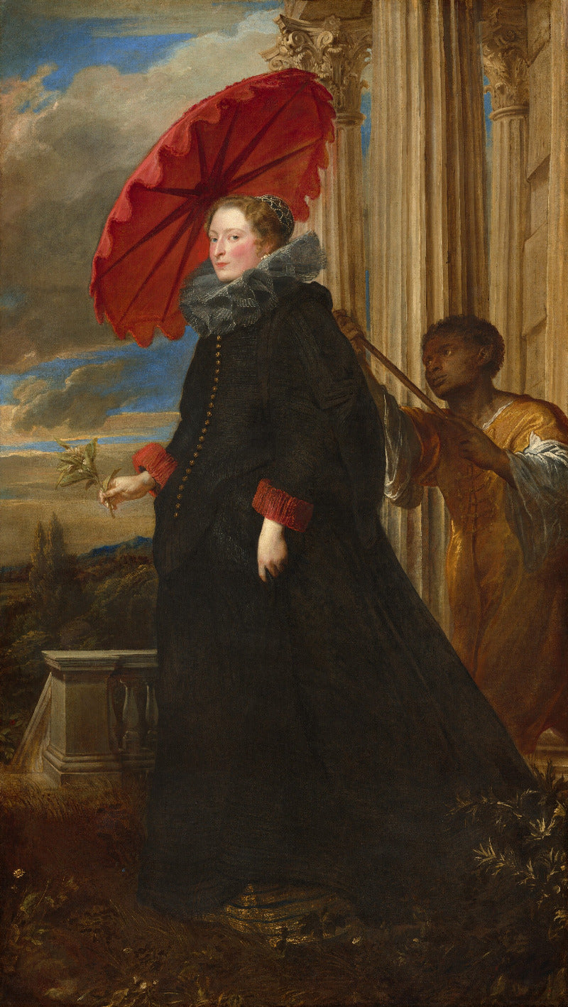 Baroque-style portrait painting of a woman in a long black dress with a large red parasol, standing beside a man in gold robes against classical columns and a landscape background.
