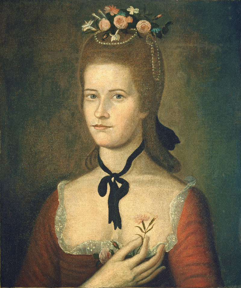 A classical-style portrait painting of a woman with brown hair adorned with flowers and a black ribbon at the neck, wearing a red dress with white lace trim, against a dark muted background.