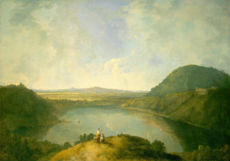 A classical landscape painting depicting a wide river or lake winding through a valley, with green hills on both sides, distant fields, and a cloudy sky. Small figures are visible near the foreground on a grassy bank.