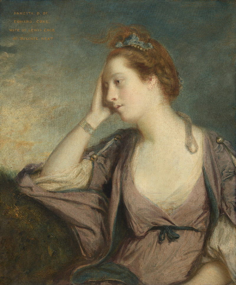 A classical portrait painting of a woman in profile, wearing a dusty mauve-brown dress and a small tiara, with a dark blue-gray background and painted text in the upper left.