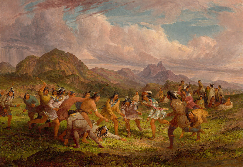 A historical oil painting depicting a dramatic battle scene with Native American warriors in a grassy landscape, with mountains and a cloudy sky in the background.