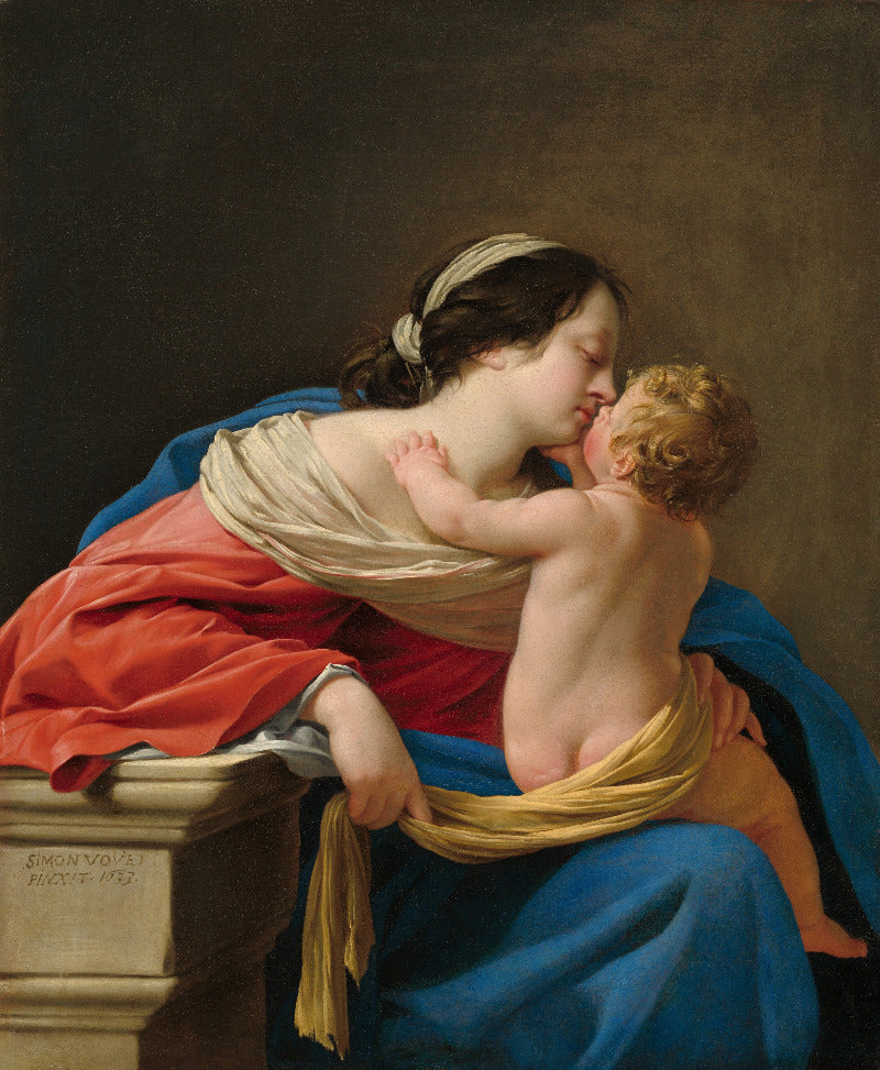 Painting of a woman and child embracing, with a dark brown background