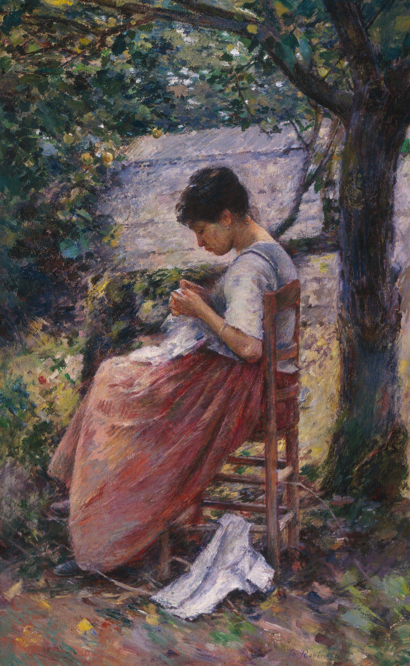 Impressionist oil painting of a woman seated on a wooden chair in a garden, wearing a white blouse and a long rust-red skirt, with a white cloth on the ground nearby.