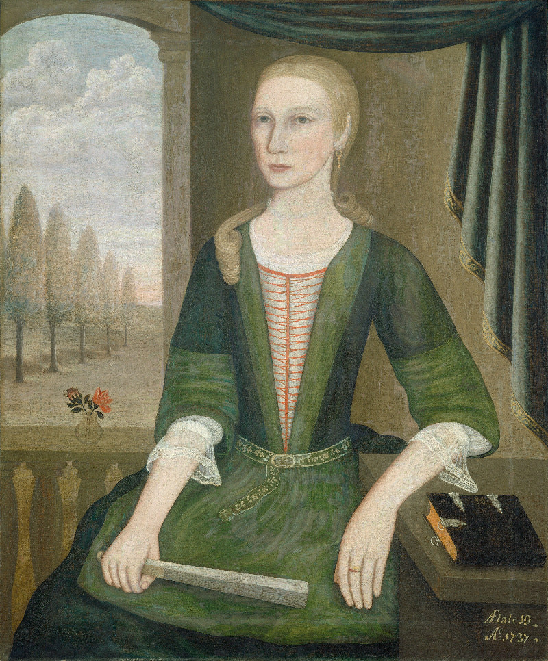 A Renaissance-style portrait painting of a seated woman in a dark green dress with a striped red and white bodice, posed indoors beside a window showing trees outside and a small flower vase.