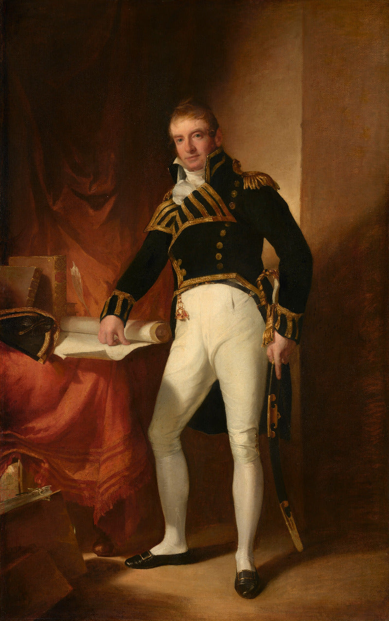 A classical oil painting portrait of a man in a dark military uniform with gold epaulettes, white trousers, and black shoes, standing in a dimly lit interior with draped red fabric and a table.