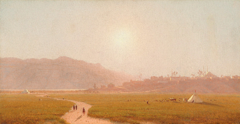An oil painting of a vast golden field under a bright sun, with a winding path, distant hills, and small figures and tents in the landscape.