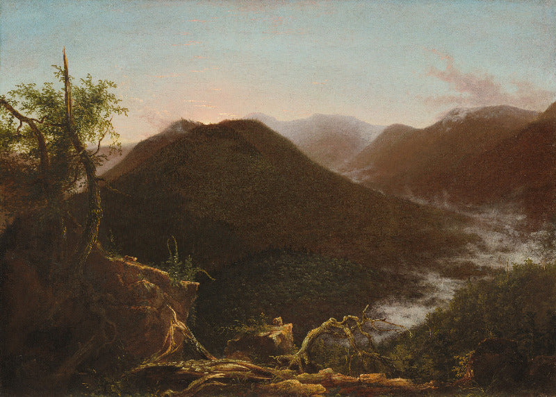 An oil landscape painting depicting a misty mountain valley with dark green and brown hills, a winding white river or stream, and a pale blue sky.