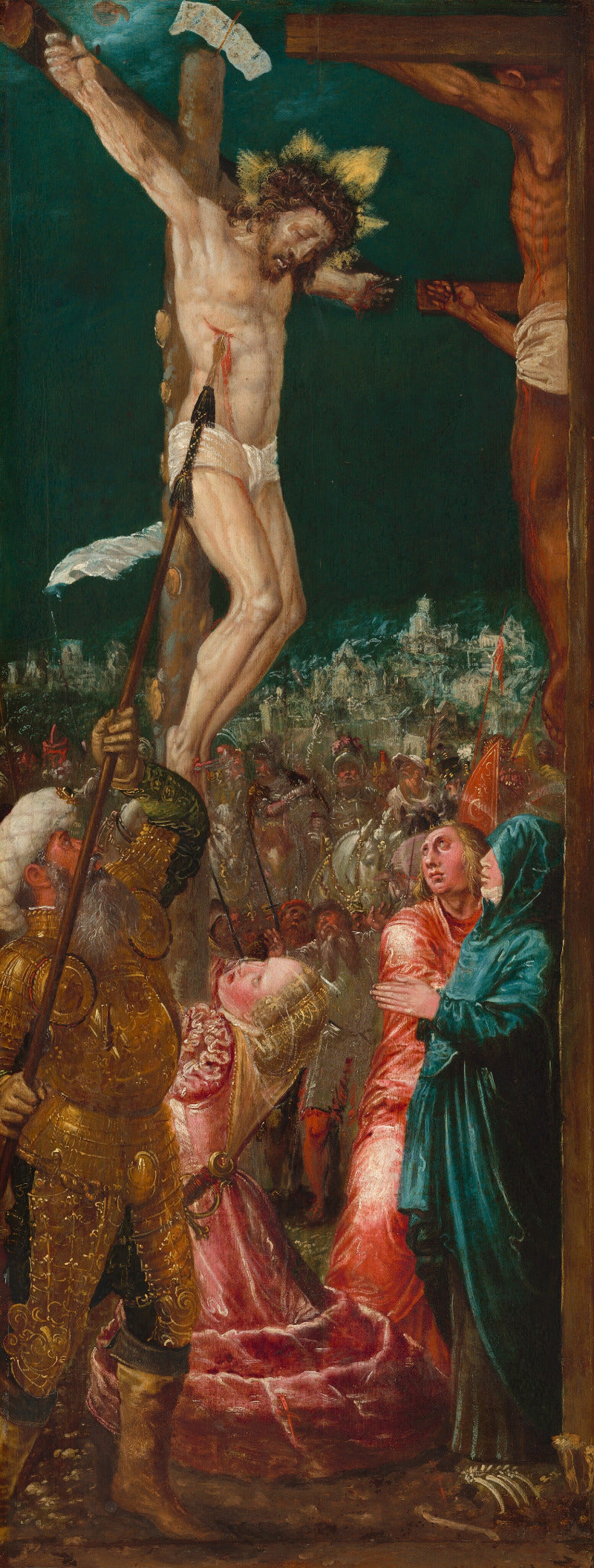A religious painting depicting the crucifixion scene, with Jesus Christ on the cross, soldiers, and mourners in the foreground against a dark green and brown background.