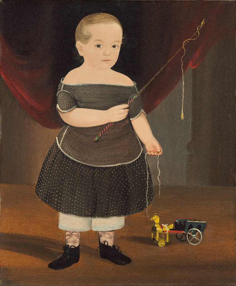 A historical-style portrait painting of a young child standing in front of a dark red curtain, wearing an off-the-shoulder black dress with white trim, white breeches, and black shoes, holding a string attached to a small toy cart.