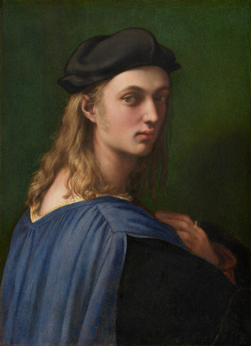 A classical oil painting portrait of a young man with long light brown hair, wearing a black beret and a blue draped garment against a dark green background.