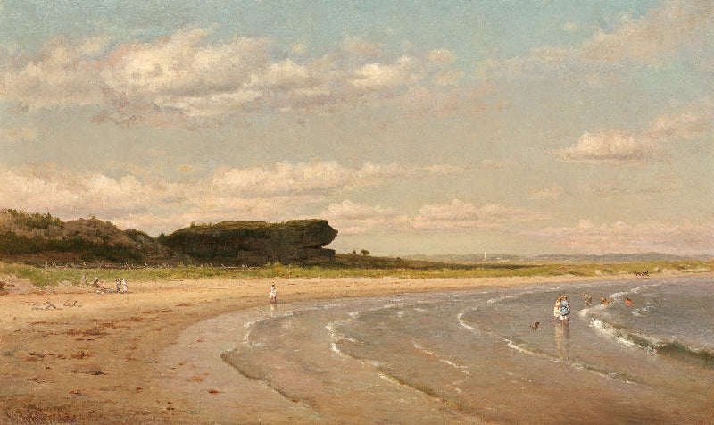 An oil painting of a coastal beach scene with pale blue sky, white clouds, sandy shore, dunes, and small figures near the water.