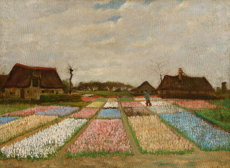 Painting of tulip fields with traditional houses and a person walking.