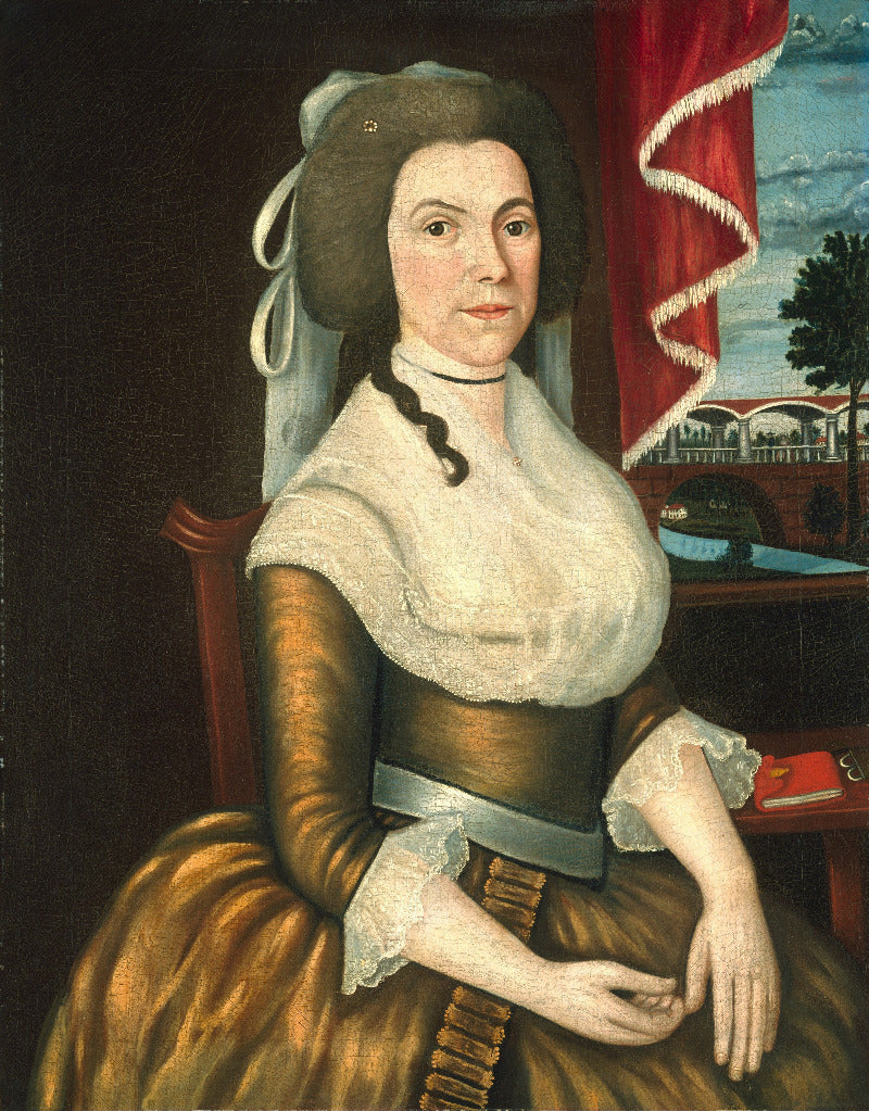 A historical portrait painting of a seated woman in a brown dress with a white lace-trimmed collar and a dark bonnet, shown against an interior background with red drapery and a small landscape window view.
