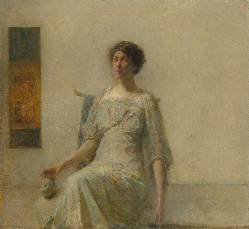 A classical-style painting of a seated woman in a pale, flowing dress against a soft beige wall, with a small hanging artwork on the left.