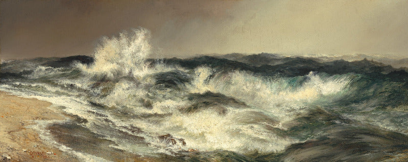 A dramatic seascape painting showing dark, churning ocean waves with white foam crashing near a sandy shore under a cloudy, warm-toned sky.
