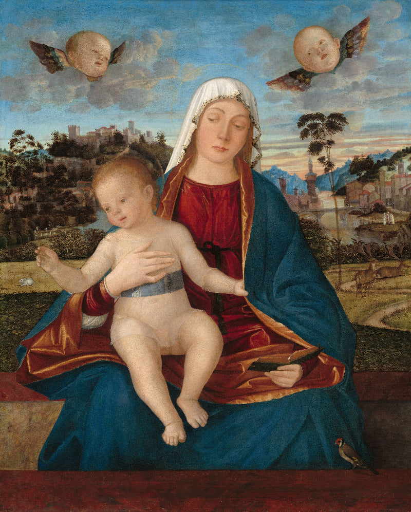 Painting of a woman holding a child with a landscape in the background