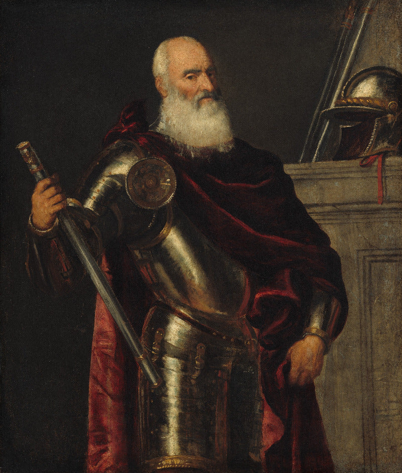 Man in armor holding a sword against a dark background