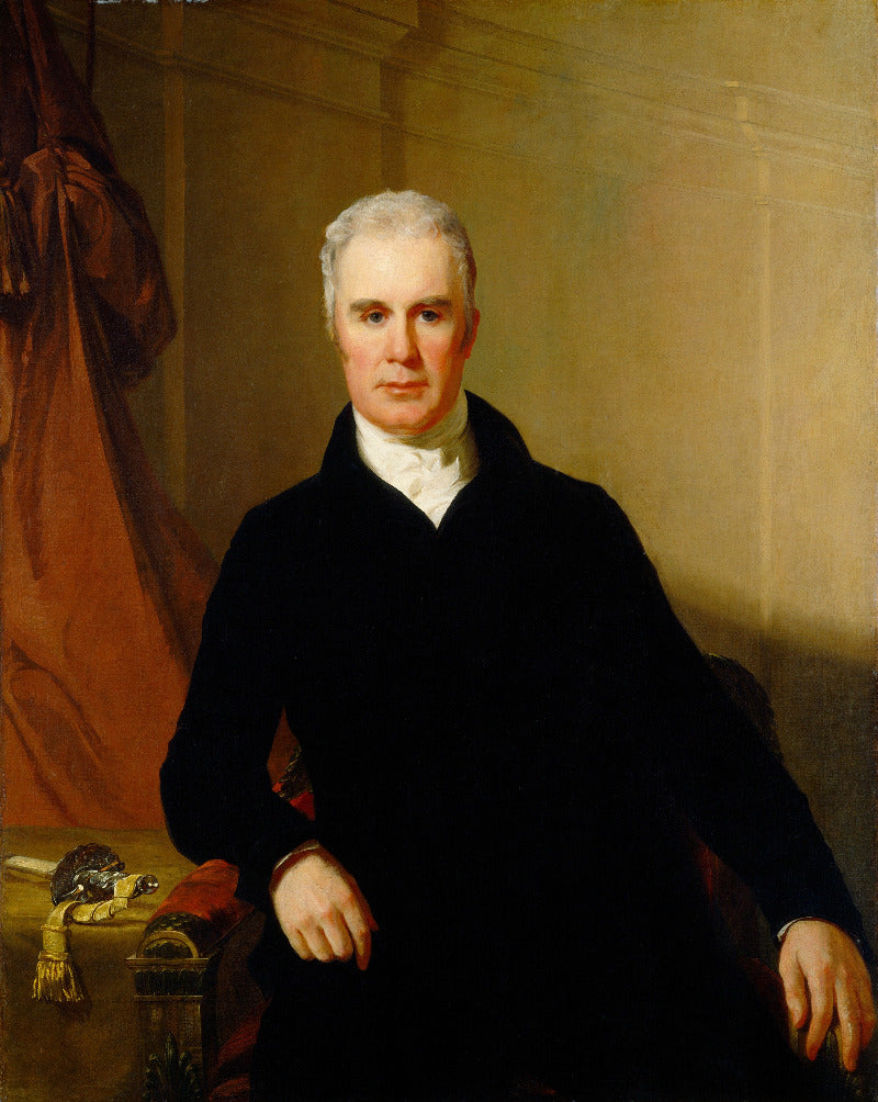 A classical oil painting portrait of an elderly man with white hair, wearing a black coat and white cravat, seated indoors against a warm beige wall with draped brown fabric on the left.