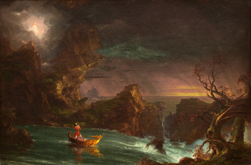 Painting of a person in a boat near rocky cliffs with a lighthouse.