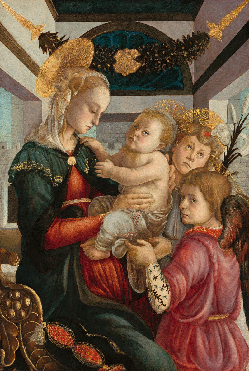 Painting of a woman holding a child with two angels in a decorative setting