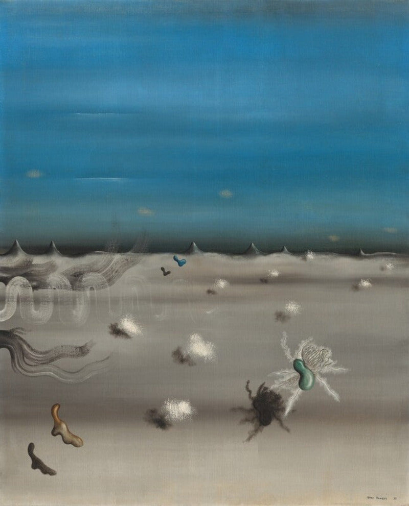 A surreal landscape painting featuring a vast blue sky over a desolate beige ground with scattered white clouds, abstract figures, and a small green-and-white creature near the lower right.
